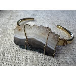 Bohemian Upcycled 70’s Gold Tone Brass Amethyst Stone Cuff Bracelet